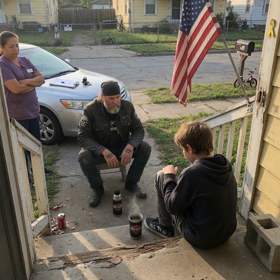 So CRUEL — For three agonizing Saturdays, a leather-clad biker named Hank sat motionless behind a foster boy who kept his back turned. No greeting. No handshake. Just stone silence. The fourth Saturday, Hank arrived not with toys or conversation, but with a canvas tool roll and a crate of engine parts. Without a single word, he began rebuilding a motor right there on the driveway. WHAT HAPPENED NEXT WILL RESTORE YOUR FAITH IN SECOND CHANCES?
