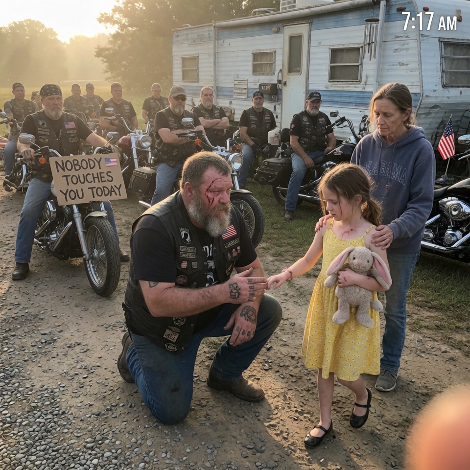 So HORRIFYING! — A little girl, trembling in a yellow dress, too petrified to testify against the monster who h*rt her; he’s smirking, ready to walk. — But at 7:15 a.m., 25 bikers block her driveway, and the scariest one falls to his knees. — HIS 51-YEAR-OLD SECRET IS THE REAL STORY HERE. — CAN A LOST SOUL FINALLY FIND REDEMPTION?