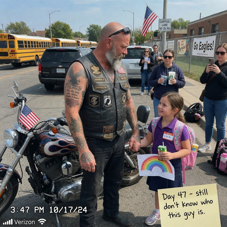 A tattooed biker showed up at a school every afternoon to pick up a 7-year-old girl who wasn’t his. No one understood why — until her mother asked and his answer put her on the floor.