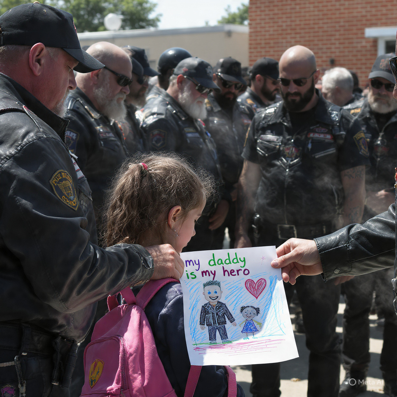 So HEARTBREAKING! —A six-year-old was bullied because her father was a biker. She came home crying. She asked, “Daddy, are you a bad man?” The next morning, 47 outlaw bikers stood in SILENCE outside her elementary school… BUT WHAT THAT LITTLE GIRL PULLED FROM HER BACKPACK LEFT EVERYONE IN TEARS. CAN ONE CRAYON DRAWING REALLY HOLD THE TRUTH ABOUT A MAN’S HEART?!