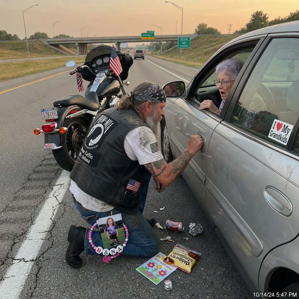 So pitiful — A terrifying biker with full sleeves and a skull patch pulls up behind a stranded grandmother on I-65, and she locks her doors in pure FEAR… but when he kneels to change her tire, something falls from his vest that makes her UNLOCK everything. WHAT DID SHE SEE THAT MELTED 50 YEARS OF PREJUDICE?