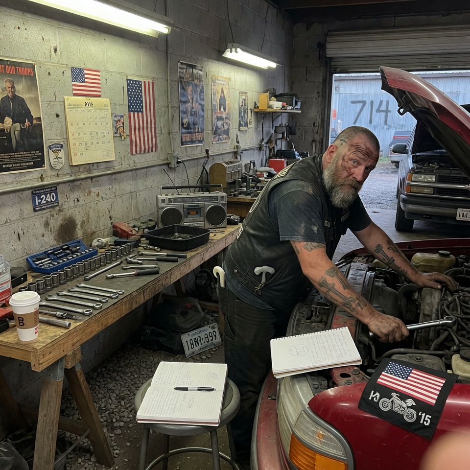 NOBODY KNEW THE HERO BIKER WAS TRAGICALLY BLIND — A 240‑POUND MECHANIC WITH SKULL PATCH FIXED CARS WITH NOTHING BUT HIS HANDS AND HIS MEMORY OF THE ROAD. THEN A REPORTER SPOTTED THE FOLDED CANE IN HIS CHAPEL POCKET. HIS SECRET UNRAVELED IN ONE HEARTBEAT. HOW COULD A MAN WHO NEVER SAW A SUNRISE PUT AN ENTIRE …..