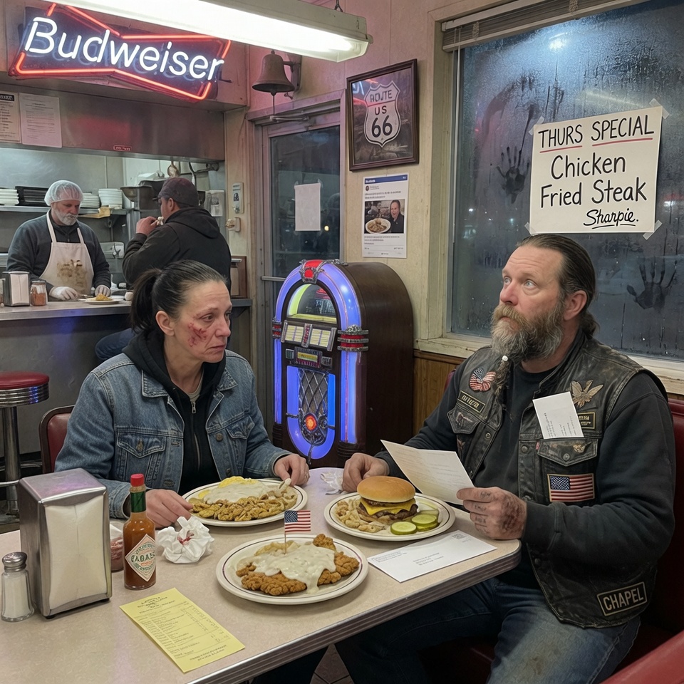 Every Thursday at 6:47 p.m., a 260-pound biker in a leather cut walks into a diner on Route 66, sits at booth six, and orders four meals: chicken-fried steak, catfish, burger with extra pickles. He eats his. The other three plates go cold, untouched. The waitress believed he was crazy. She was dead wrong. He’s been …..
