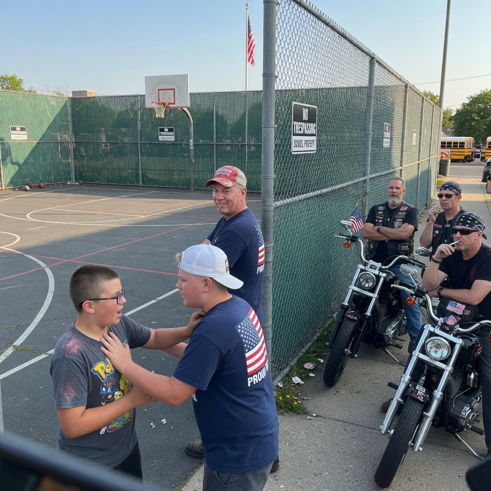 A father figure smirks from the sidelines while his son torments a smaller boy over his dead military dad. Six bikers stand frozen at the fence, taking the hate of every parent there. WHAT HAPPENED WHEN THE TRUCK DOOR OPENED?