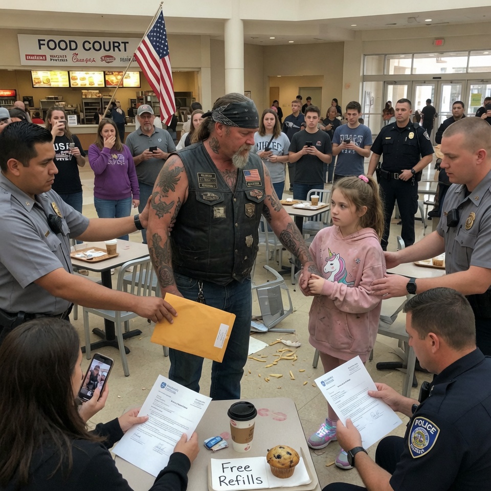 So WRONG! — A SCARY biker dragged out by security for “kidnapping” a little girl who didn’t look like his… but what she whispered made the crowd go silent.