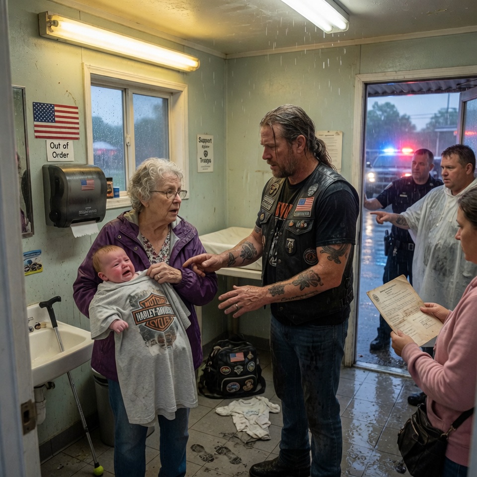 SO HEROIC! — A tattooed biker cradling a soaked, shrieking infant in a gas station restroom while everyone else flees… but the real shock isn’t the baby, it’s the folded paper in his vest that makes the cops go silent. WHAT SECRET WAS HE CARRYING?