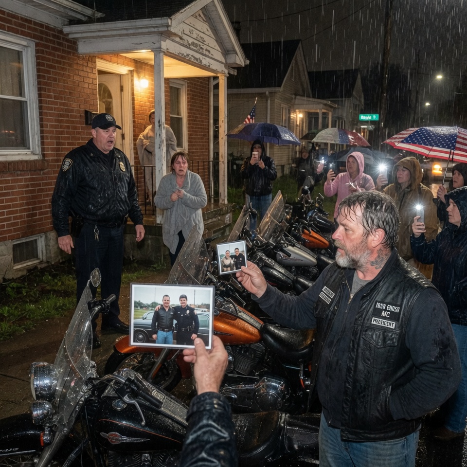 When twenty bikers surrounded the house of the officer who’d just been k*lled, the whole town assumed they were there to TAUNT his widow. Flashing police lights, screaming neighbors, the sheriff’s cruiser skidding to a stop—but the faded photograph the leader placed on the porch held a HEROIC secret that turned hatred into tears. WHAT COULD MAKE A MAN RIDE THROUGH A STORM TO STAND SILENT FOR HOURS BEFORE A DEAD COP’S DOOR?