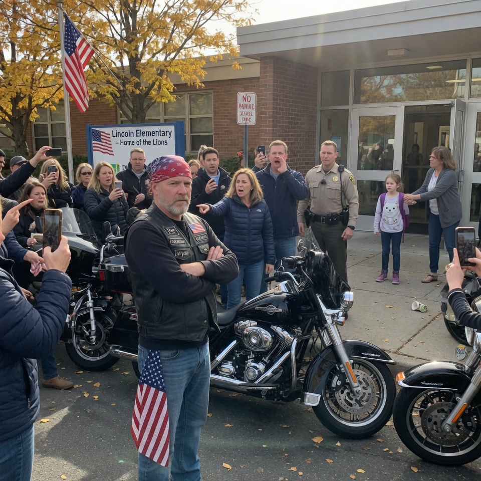 At 3:12 p.m. in Cedar Ridge, Ohio, fifteen silent bikers formed an unbreakable chain across the middle school gate as horrified parents screamed and police sirens wailed, but every angry shout died the instant a scared little girl behind the doors whispered one word: ‘Dad?’… HE CAME NOT TO THREATEN BUT BECAUSE HIS DAUGHTER WAS THE ONLY ONE WHO KNEW WHAT HID IN A BACKPACK—WILL THE TRUTH SHATTER A TOWN’S JUDGMENT AND REVEAL A FATHER’S DESPERATE ACT OF LOVE?!