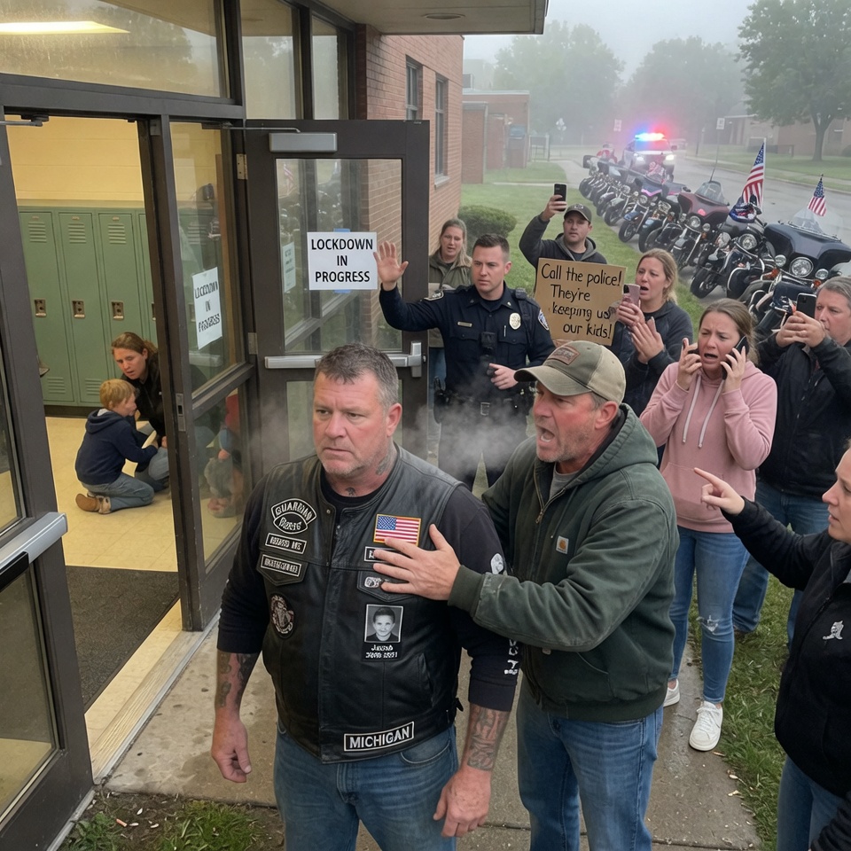 TERRIBLE MISJUDGMENT — A biker gang blocked a school entrance during a shooter scare, and parents screamed, ‘Move!’ A father shoved him. Police arrived to arrest the man in leather. But when the officer asked why he’d gone inside alone, his whispered reply about a child he couldn’t save made the crowd go silent. The real surprise was inside the hallway.