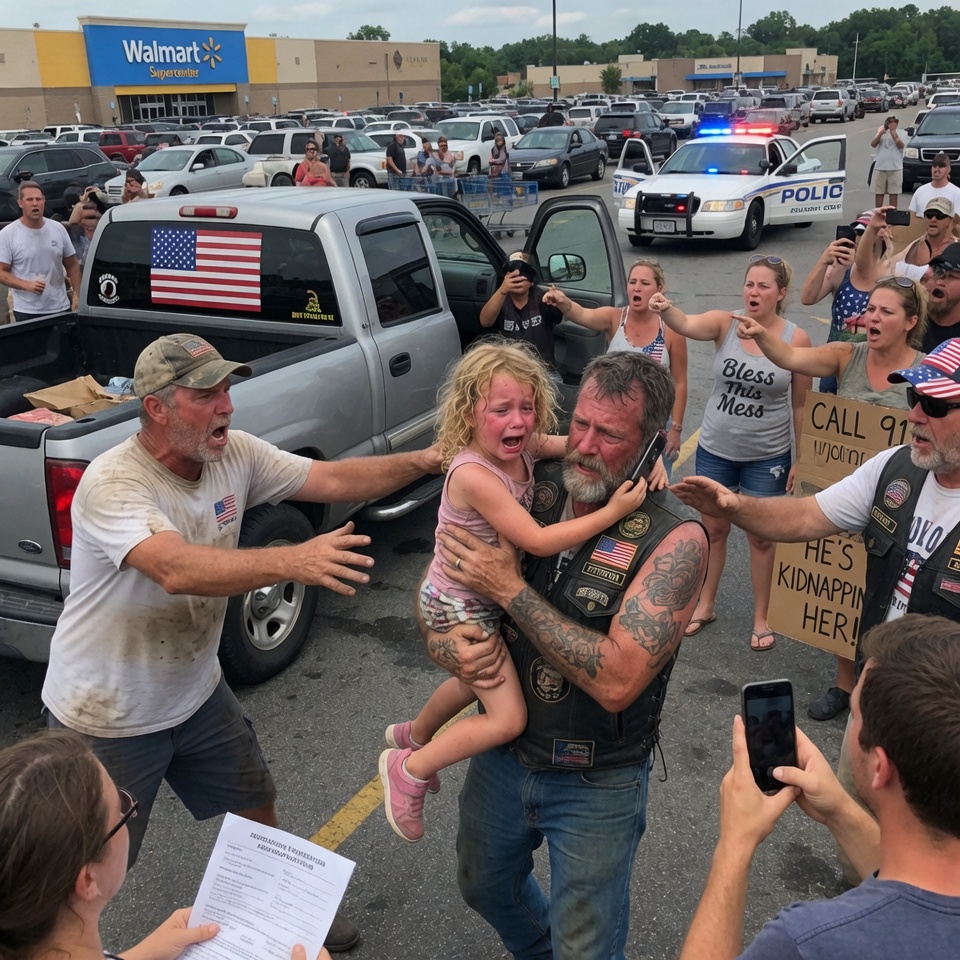 The whole parking lot watched in horror as a grizzled biker in a leather vest yanked a screaming four-year-old from her own father’s hands in a Dayton, Ohio Walmart lot and refused to let go, even as the crowd shouted ‘kidnapper’ and dialed 911—but that little girl’s desperate grip and the secret the biker carried from a courtroom betrayal two years ago turned everything upside down. IS THE MONSTER THE MAN IN LEATHER OR THE ONE IN TEARS?