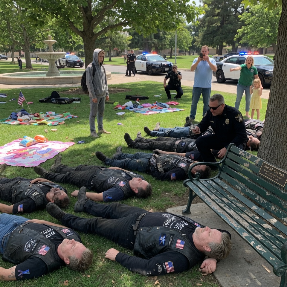 The whispers spread fast: “They’re INTIMIDATING us.” Thirty bikers lying flat in a city park looked like a SCHEMING gang preparing for violence, their leather vests and silence a TERRIFYING sight. But the TRUTH was far more BEAUTIFUL. Years earlier, their leader had been homeless on that same bench, sleeping through freezing nights. Now, when they saw a skinny boy kicked off for “loitering,” they did the most VULNERABLE thing imaginable—they lay down where he couldn’t. The bikers didn’t carry signs or shout slogans; they became a silent mirror of his exclusion, forcing the city to confront its cruelty. Passersby wept, police hesitated, and a child realized he wasn’t invisible.