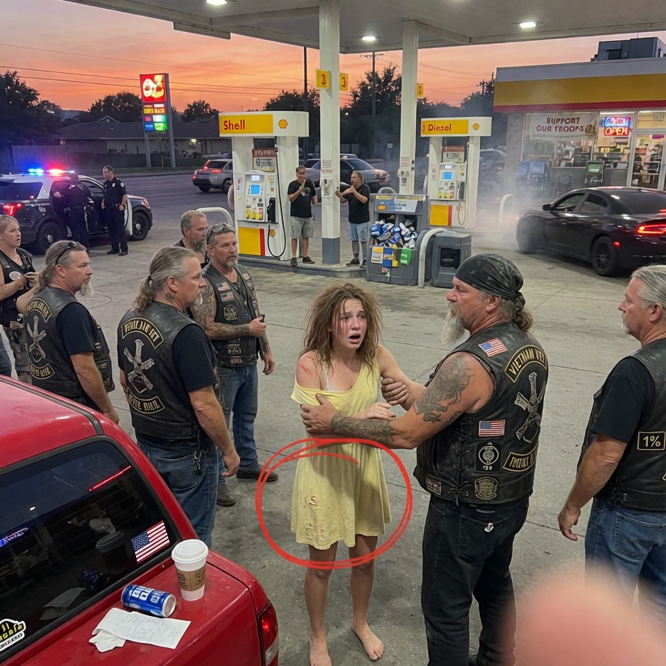 The moment a tearful girl in ripped clothes fled into the arms of a biker gang, phones came out and 911 was dialed. She wasn’t fighting them—she was holding on. ‘Please… they’re coming,’ she whispered. The crowd saw a crime; I saw something else. When a dark sedan circled and the bikers shifted to shield her, the truth started to crack. None of us were ready for what happened next.