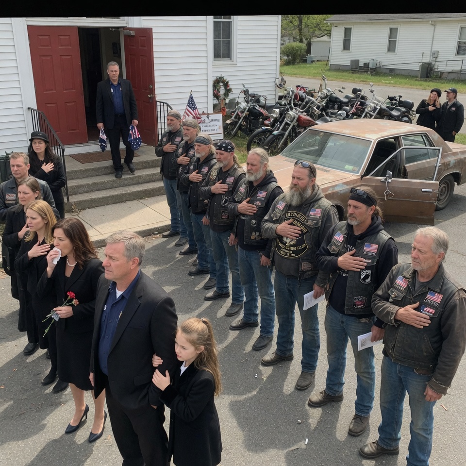 SO SCARY! — A line of silent bikers stood like a wall at Frank’s funeral, not moving, not speaking, just staring. The air grew thick with fear until a rusted, wheezing car appeared out of nowhere. A thin man in an old jacket stepped out clutching a tattered cloth, and the bikers did the UNTHINKABLE—they parted for him alone. WHO WAS HE, AND WHAT SECRET HAD KEPT THEM WAITING FOR DECADES?