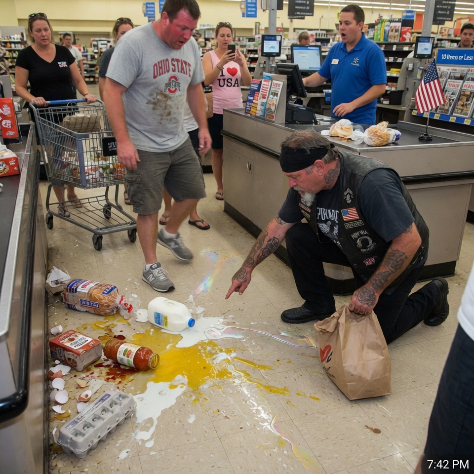 I was just trying to pay for groceries when a scary biker crashed into my cart. Everyone stared, phones came out, and I was FURIOUS. But then he whispered, “Don’t step,” and I looked down… a thin line of fluid, glistening near the shattered glass. The smell hit me—chemical, DANGEROUS. This man hadn’t attacked me. He’d STOPPED ME. WAS HE A VILLAIN OR A HERO IN DISGUISE? THE ANSWER CHANGED EVERYTHING!