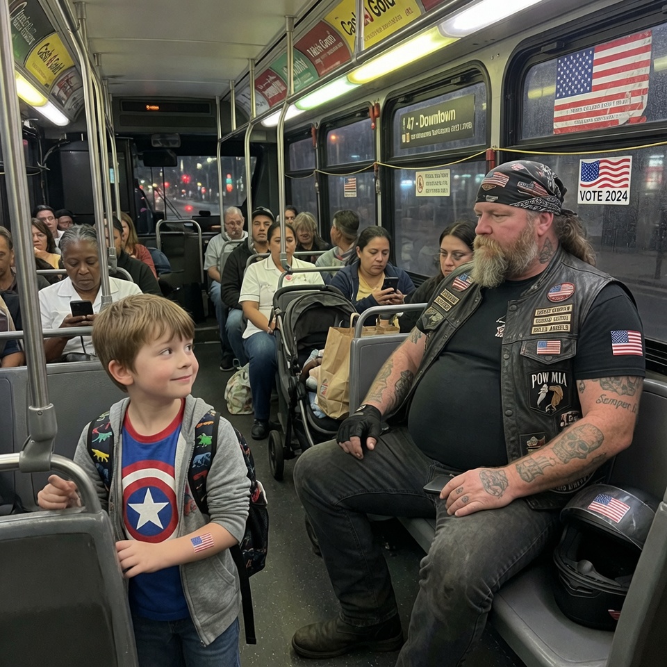 A quiet biker never said thank you when my son offered his seat. I thought he was rude until the driver handed me an old crayon drawing that shattered everything I believed. WHO WAS THE LITTLE BOY THAT USED TO SIT BESIDE HIM?