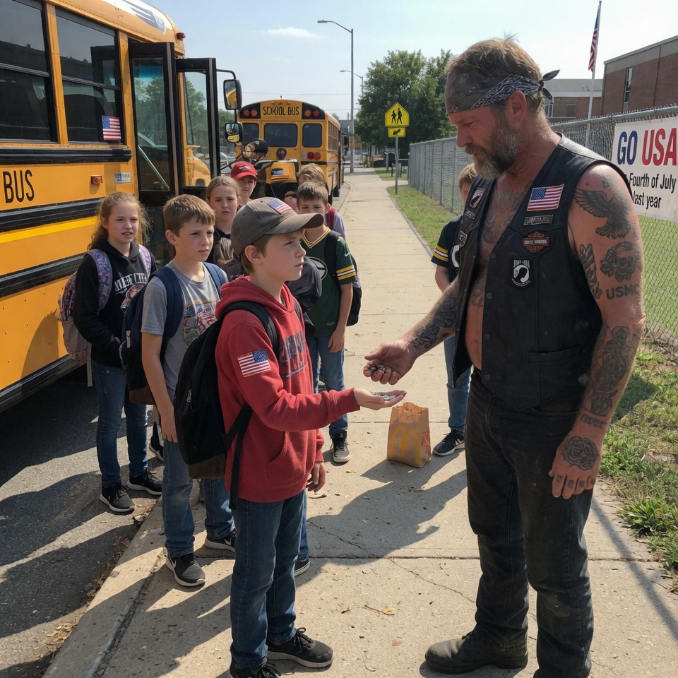 I watched a quiet, hungry-looking boy hand his only bus money to a strange, tattooed man outside school… but when that same biker appeared in my classroom the next day with a faded piece of paper, the boy whispered four words that made me realize I’d witnessed something SO MUCH BIGGER than charity. WHAT DID THAT OLD TICKET REVEAL ABOUT HIS FATHER’S PAST?