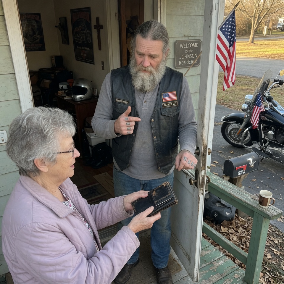 I’m a 72-year-old widow whose quiet morning walk turned into a collision with a stranger’s agony. I found his wallet; inside was not a single dollar—just a creased photo of a little boy. The stone-faced biker who answered the door didn’t thank me. He only whispered, “Did you open it?” then shut the door without another word. THAT CHILLING REACTION TOLD ME NOTHING, BUT THE EVENING NEWS UNLOCKED A TRAGEDY I COULD NEVER FORGET.
