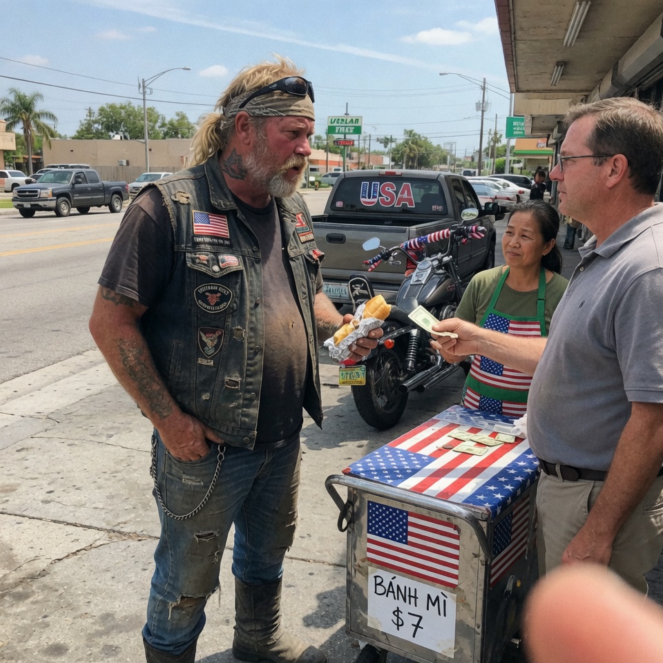 SO SCARY! – He was huge, leather-clad, and silent. I bought him lunch at a roadside diner. He didn’t thank me, just stared like I’d done something WRONG. Three days later, the diner owner called, voice trembling. “He came back… and paid for EVERY SINGLE TABLE.” But that wasn’t the SHOCKING part. Hidden under a towel in the back room was a message that shattered me.