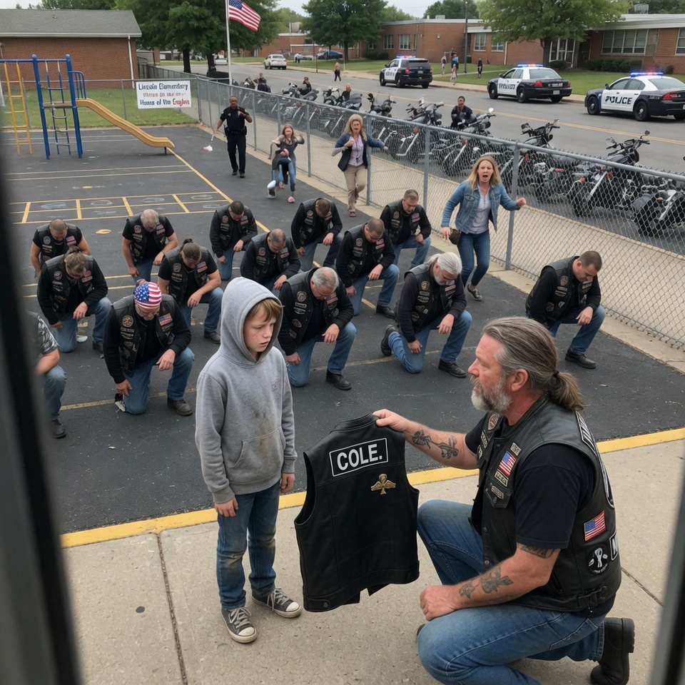 40 bikers marched onto a playground and surrounded a grieving 8‑year‑old. Parents screamed, police drew closer… but then the leader removed HIS VEST and whispered a name that SILENCED the entire schoolyard!