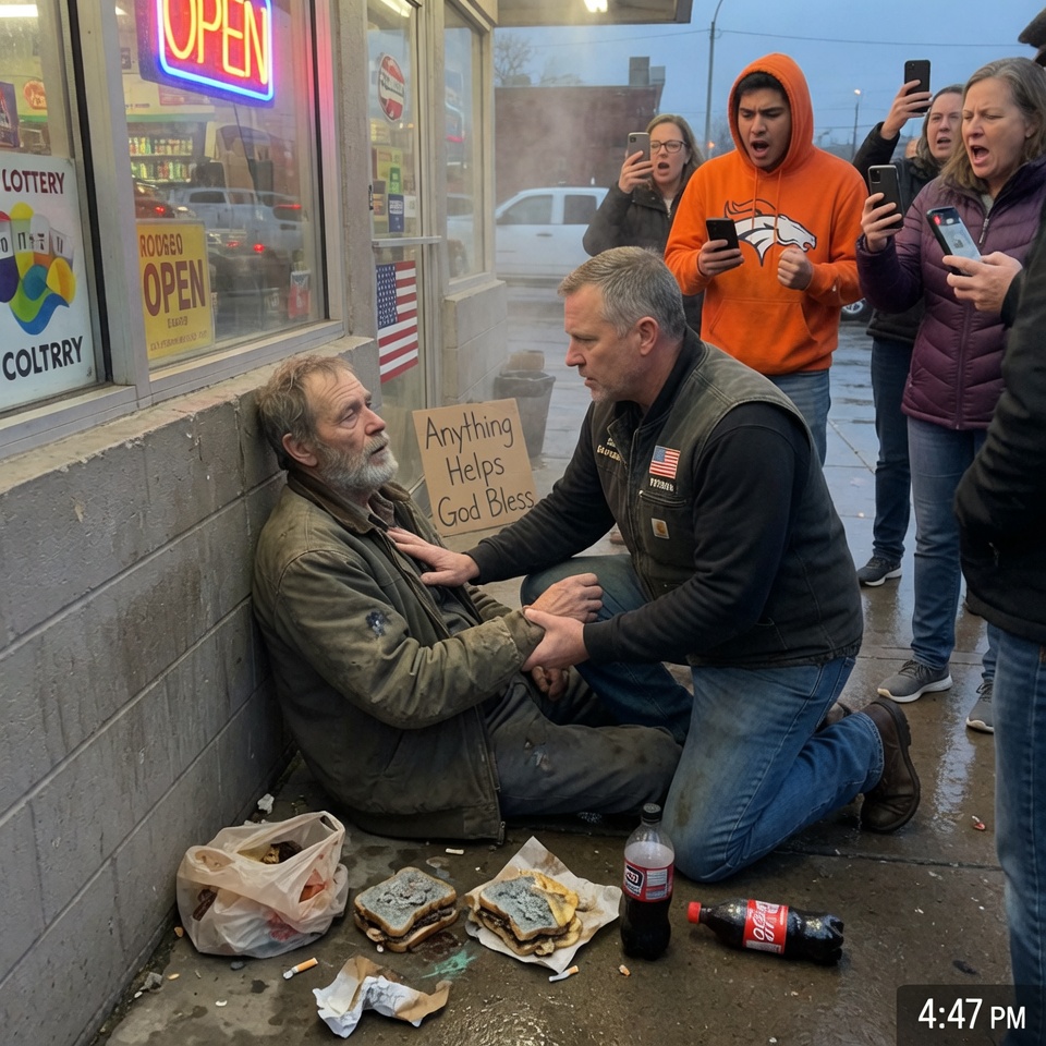 That SCHEMING biker looked everyone in the eye and threw a man’s only meal into the gutter — then he whispered something so CHILLING that the phones recording him all lowered at once… Outside a convenience store, a silent stranger turned a whole crowd against him in seconds, but the real enemy was already inside the old man’s body and time was running out faster than anyone could see. WILL YOU STILL HATE HIM ONCE YOU HEAR HIS ONE QUESTION?