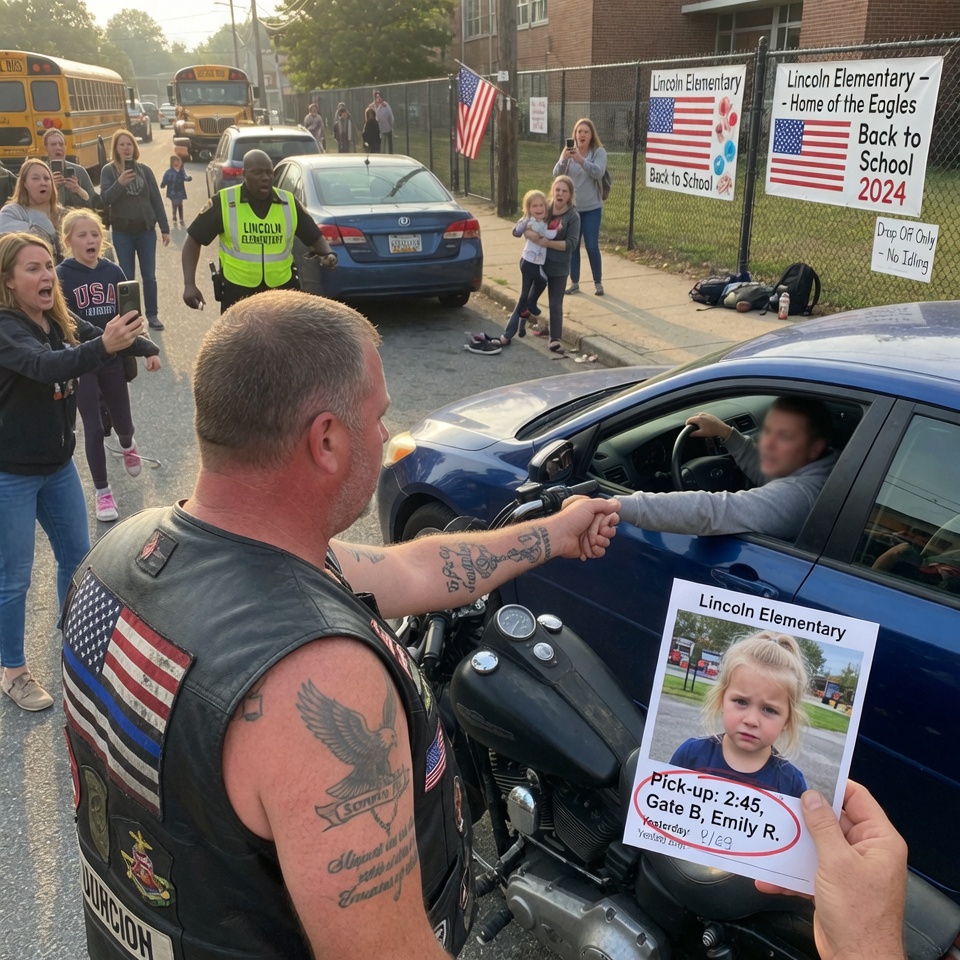 SO CRUEL – They called him a CREEP, a DANGER, and a MONSTER lurking outside a school, but the little girl who threw her shoe knew something NO ONE ELSE could see. As the biker lunged at a dark sedan, the crowd’s screams turned to GASPS—because what he pulled from that car was straight out of a NIGHTMARE.