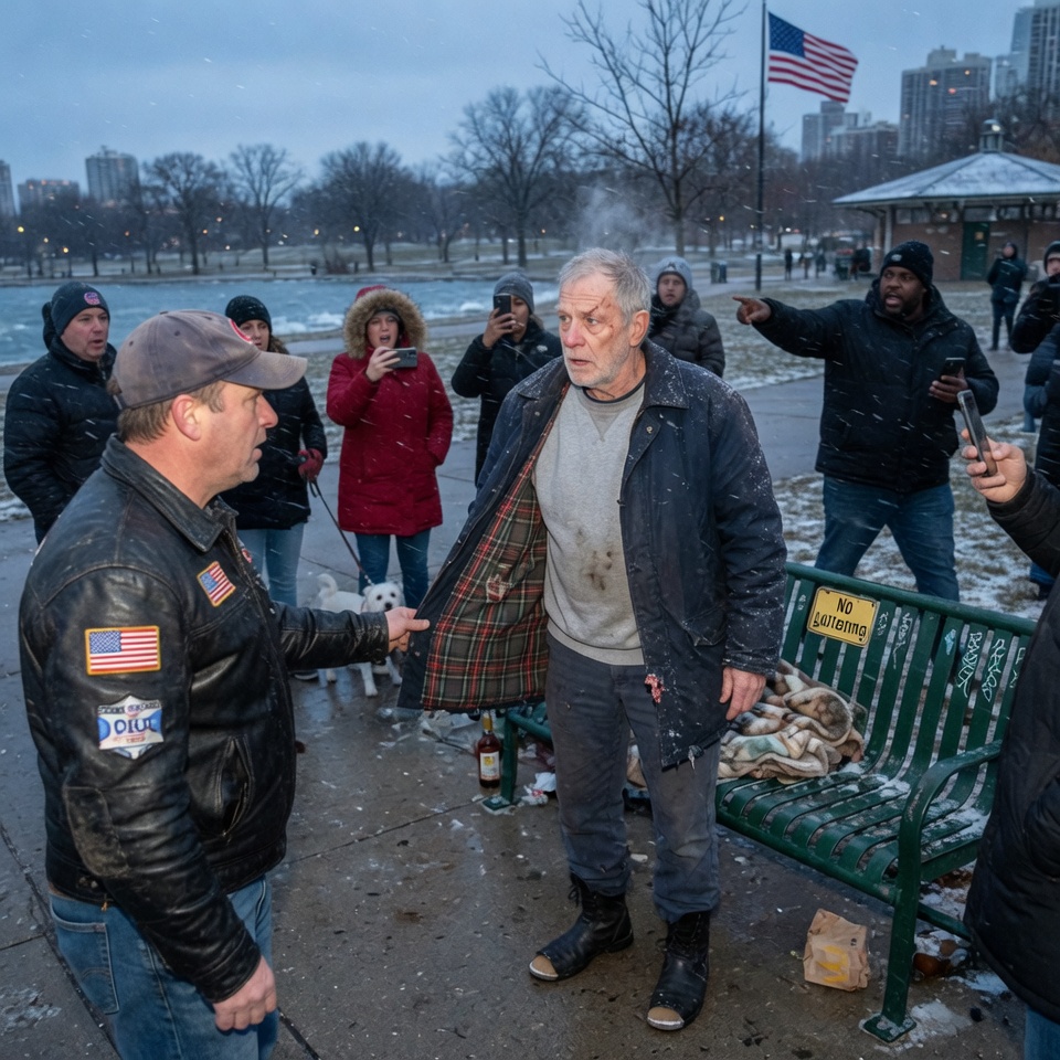 He ripped a freezing homeless man’s blanket off a Chicago park bench while strangers screamed at him— A CRUEL act that made zero sense until the old man looked up and the biker FROZE. WHAT DID HE SEE THAT NO ONE ELSE COULD POSSIBLY UNDERSTAND?