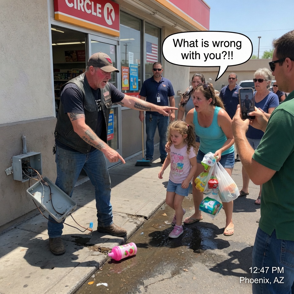 “So CRUEL!” – But when the little girl spilled her water, the biker lunged at her, screaming to freeze… and NO ONE saw what was spreading beneath her feet until it was almost too late.
