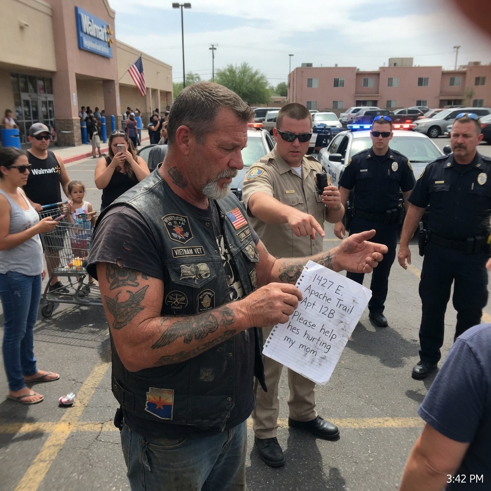 A tiny girl fleeing danger ran straight toward a TERRIFYING biker and shoved a note into his hand, then vanished. The crowd was HORRIFIED, phones up, accusations flying, and when the police demanded he open it, his face went pale. What was written on that scrap of paper stopped every heart in that parking lot. YOU WON’T BELIEVE THE SHOCKING TRUTH—IS IT A TRAP OR A CRY FOR HELP?