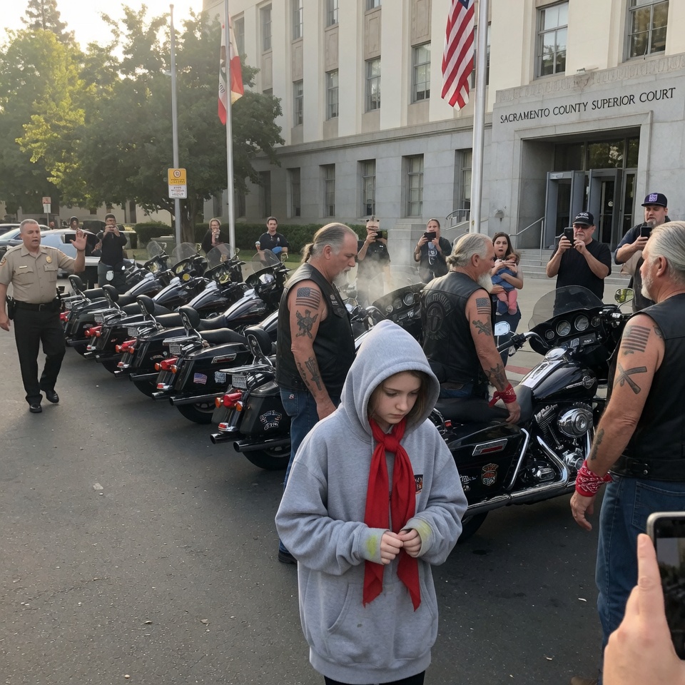 HEROIC PROTECTORS OR SCHEMING CAPTORS? – A tiny girl clutching a RED SCARF walked into court surrounded by leather-clad giants. Everyone thought it was gang pressure… but the judge’s next words CRACKED the case wide open. A DRAMATIC twist that redefines loyalty. WILL THE TRUTH DESTROY EVERYTHING?