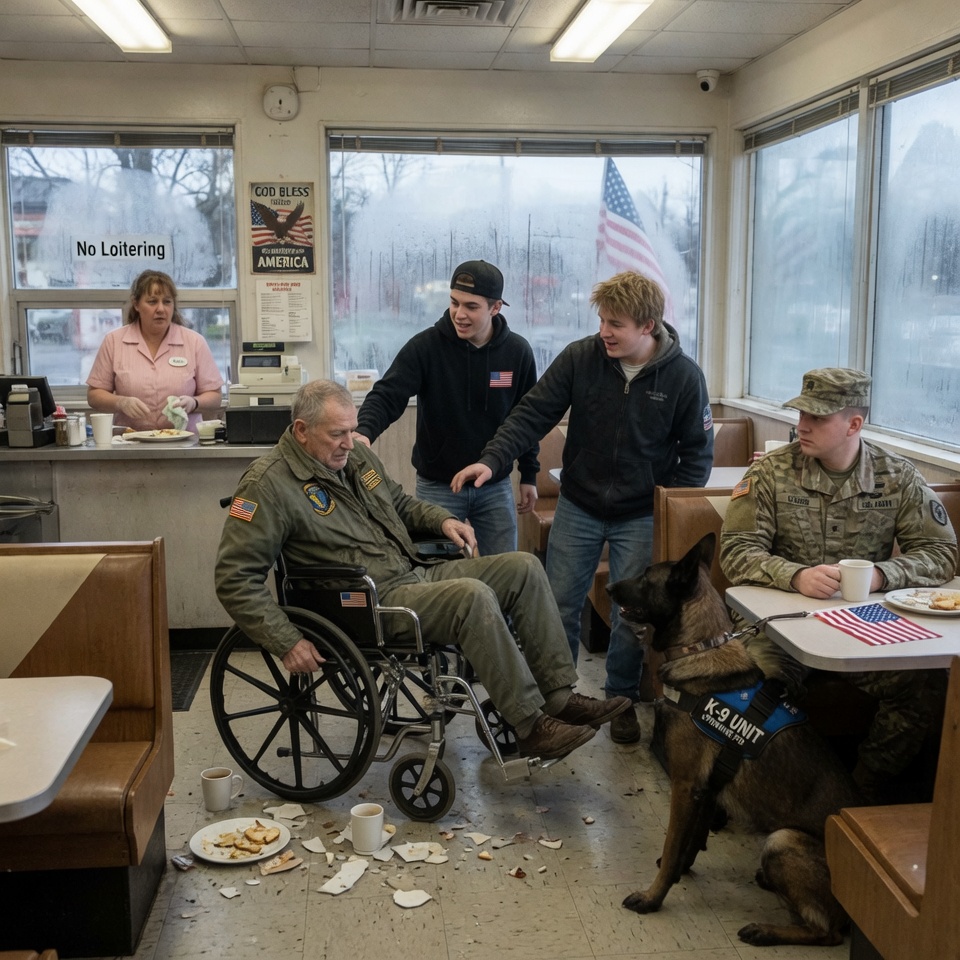 THE ENTIRE DINER WATCHED THEM ABUSE A HELPLESS VETERAN AND NO ONE MOVED, BUT THE MARINE’S DOG KNEW SOMETHING THE REST OF THEM DIDN’T — THE CONFRONTATION THAT FOLLOWED WASN’T LOUD, IT WAS DEVASTATING — CAN ONE MOMENT REALLY CHANGE EVERYTHING?