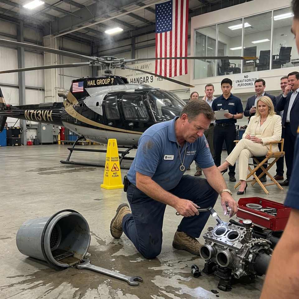 HE CALLED ME “MOP BOY” AND THREW A WRENCH AT MY BUCKET — THEN OFFERED A KISS IF I COULD FIX HER $13 MILLION HELICOPTER. I HADN’T TOUCHED AN ENGINE IN YEARS. NOT SINCE I BURIED MY WIFE. NOW THE WHOLE HANGAR WAS WATCHING. WHAT HAPPENED NEXT CHANGED EVERYTHING FOREVER. CAN A QUIET MAN’S WORTH REALLY BE MEASURED BY HIS UNIFORM?