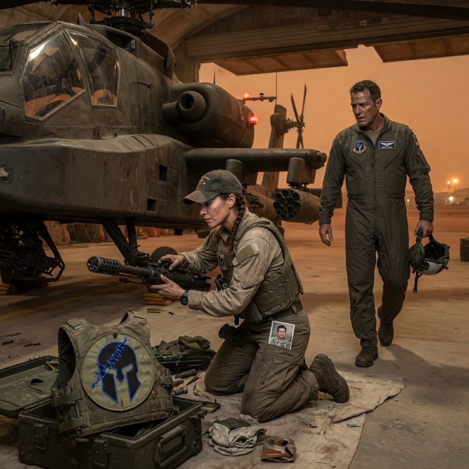 I Was Just Cleaning the Apache’s Machine Gun in the Stifling Hangar Heat—Until the Veteran Pilot Saw the Blood-Stained Patch on My Chest Rig and Stopped Breathing.