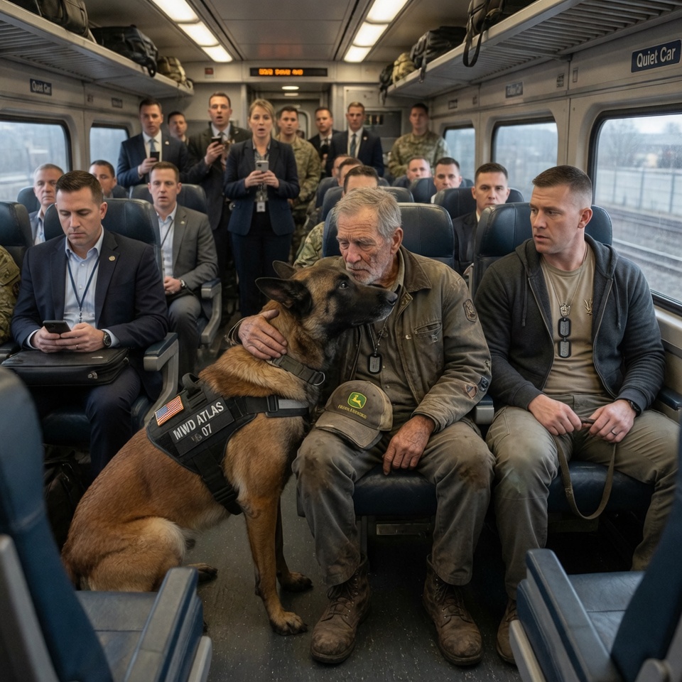 He Was Just a Broke, Grieving Farmer Riding the Train in D.C. — Until He Sat Next to a Navy SEAL and Whispered One Word to a Lethal Military K9 That Stopped the Entire Carriage