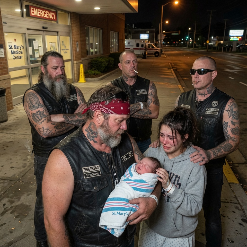 At 2:03 AM, A Terrified And Completely Alone 19-Year-Old Military Wife Was Told She Might Lose Her Baby. With Her Husband Deployed Overseas And Hope Fading, The Silence Of The Maternity Ward Was Suddenly Shattered When Four Massive, Heavily Tattooed Bikers Stormed The Hospital, Defying Armed Guards To Keep A Heartbreaking Promise.