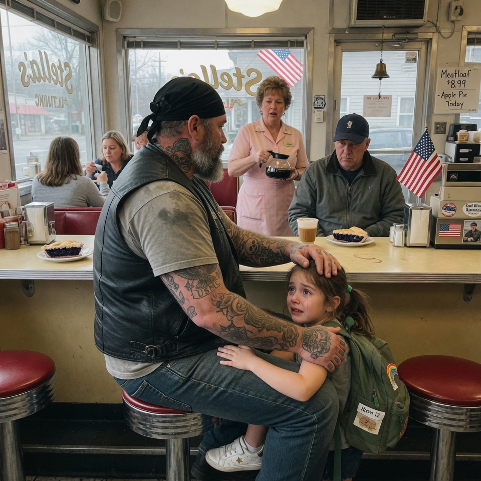 “SHE WHISPERED SIX WORDS INTO A BIKER’S LEATHER VEST AND THE ENTIRE DINER FROZE. HE WAS 6’3″, COVERED IN INK, AND THE LAST PERSON A CHILD SHOULD RUN TO. BUT WHAT HE SAW REFLECTED IN HIS COFFEE MUG CHANGED EVERYTHING. YOU WON’T BELIEVE WHO WAS STANDING OUTSIDE THE WINDOW. BUT THE QUESTION IS—WOULD YOU HAVE EVEN NOTICED THE DANGER BEFORE IT WAS TOO LATE?”