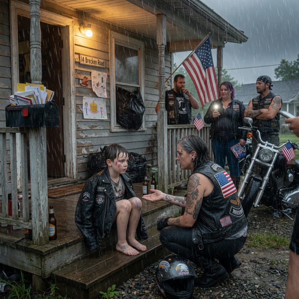 A LITTLE BOY SAT ON A PORCH IN THE RAIN FOR 24 HOURS WHISPERING ABOUT HIS DAD — WHAT THIS BIKER FOUND BEHIND THE DOOR BROKE A WHOLE TOWN. CAN A CHILD’S CRY IN THE DARK ACTUALLY SAVE A SOUL ALREADY LOST