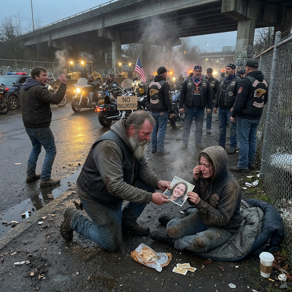 A HOMELESS GIRL GAVE A DYING HELLS ANGEL HER LAST PIECE OF BREAD. SHE THOUGHT SHE’D FREEZE BY MORNING. WHEN THE BULLDOZERS CAME THE NEXT DAY, 200 MOTORCYCLES BLOCKED THE ENTRANCE. YOU WON’T BELIEVE WHAT THEY DID TO THE ENTIRE CITY BLOCK. WHAT HAPPENS WHEN OUTLAWS DECIDE TO REPAY A DEBT?