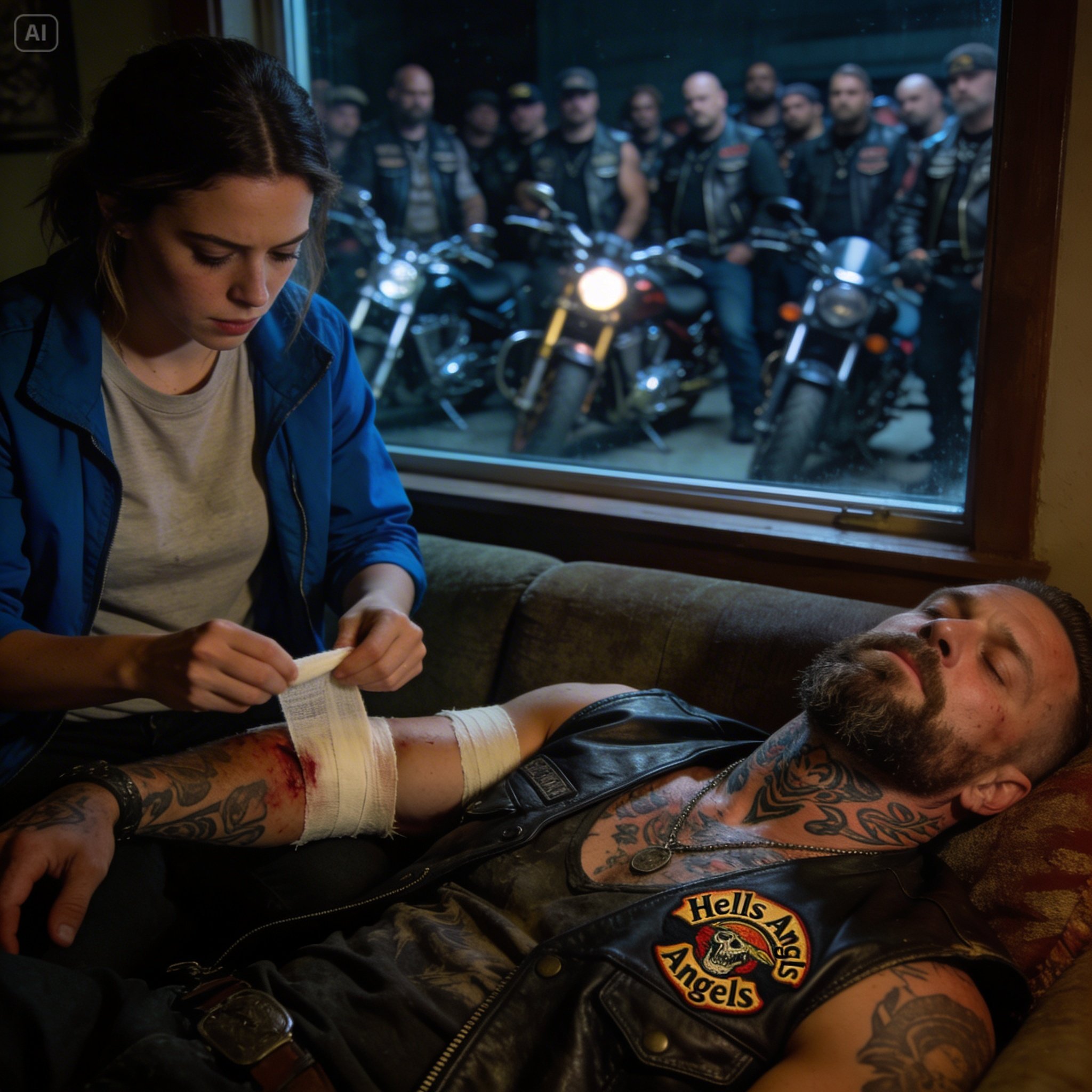 The headlights swept across a massive figure lying motionless on the stormy Montana road, his leather vest soaked and marked with a notorious motorcycle gang’s insignia, forcing me to make a split-second choice that would invite unimaginable danger into my quiet home… but what did I just unleash?