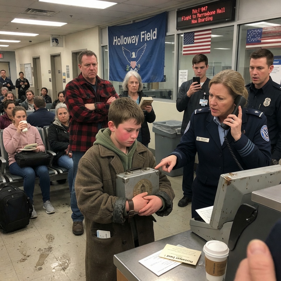 A 12-YEAR-OLD BOY CLUTCHED A LOCKBOX AT GATE NINE AND REFUSED TO LET GO. THE GATE AGENT CALLED SECURITY TO REMOVE HIM. THEN THE OFFICER SAW THE FADED BRASS EMBLEM ON THE CORNER AND EVERYTHING CHANGED. WHO WAS HIS GRANDFATHER? YOU WON’T BELIEVE THE ANSWER