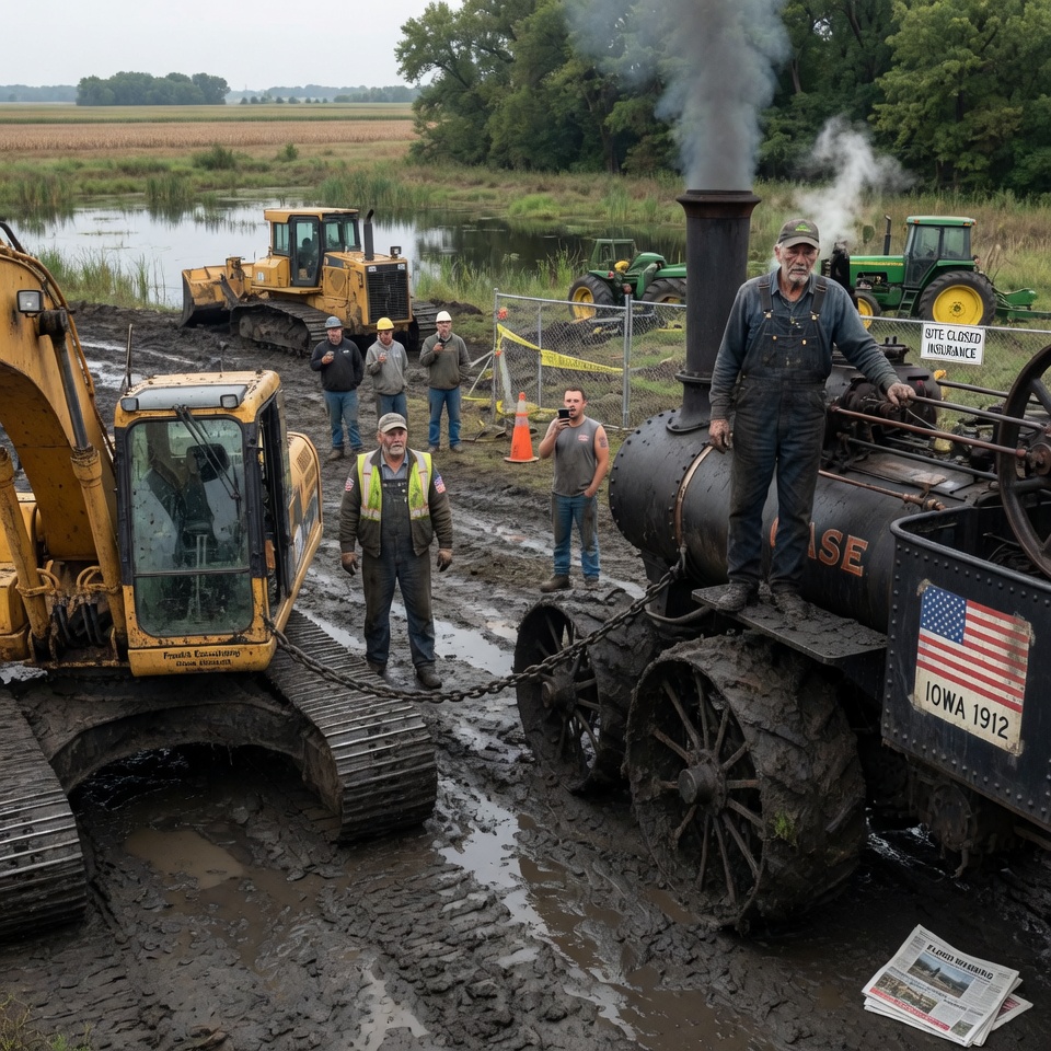 A 73-YEAR-OLD FARMER OFFERED TO PULL MY $600,000 EXCAVATOR FROM A SWAMP WITH A 1912 STEAM ENGINE. MY ENGINEERS LAUGHED UNTIL THE WHISTLE BLEW AND THE MUD BEGAN TO TREMBLE.