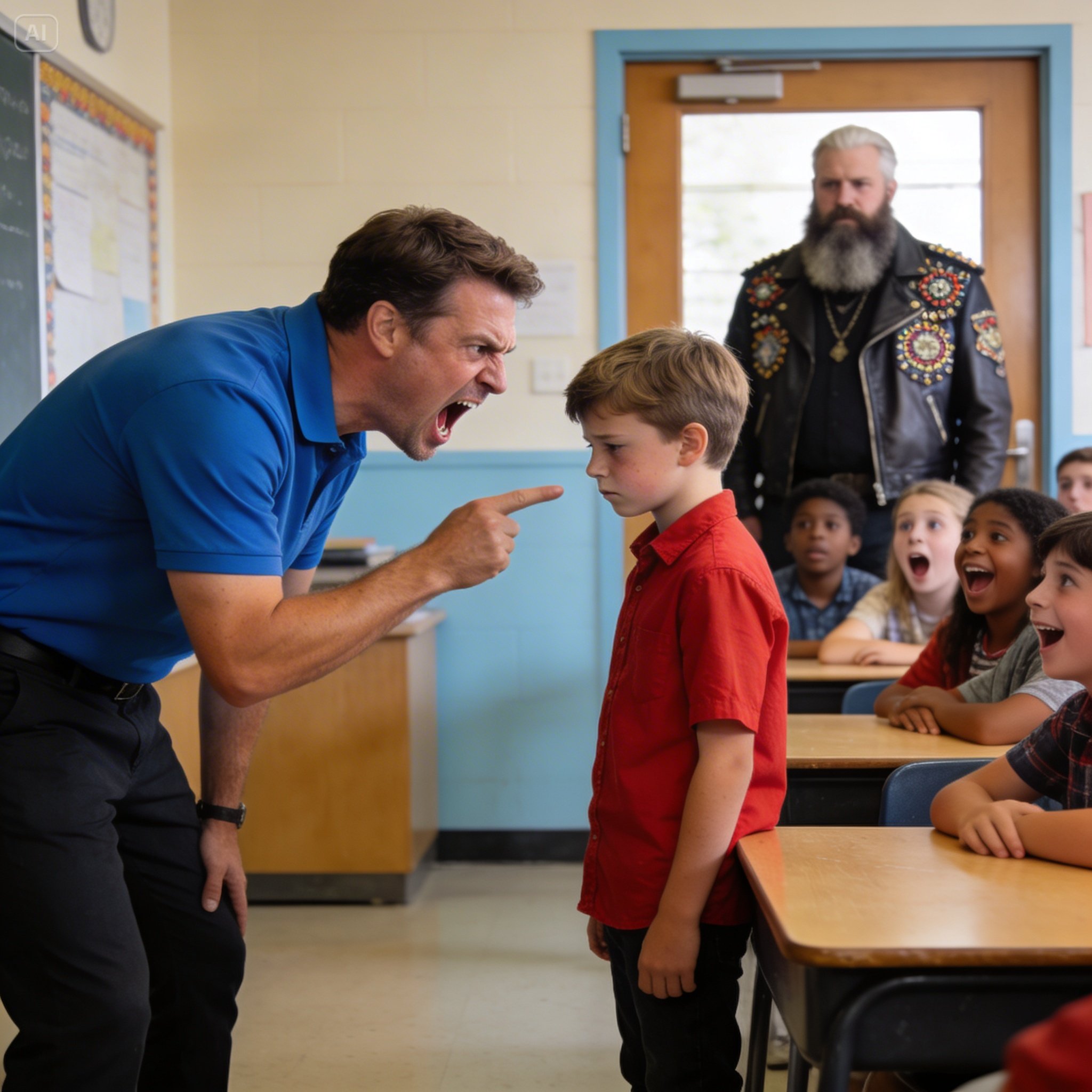The privileged kids mocked my family with cruel jokes, completely unaware that the towering, tattooed shadow now blocking the classroom doorway was about to reveal a heartbreaking truth that would shatter my entire world and change how I saw my father forever.