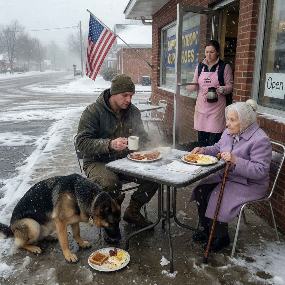A 93-YEAR-OLD SAT DOWN NEXT TO A MARINE AND HIS STARVING DOG IN THE SNOW—WHAT SHE WHISPERED NEXT DIDN’T JUST FEED HIM, IT SAVED HIM. WOULD YOU HAVE THE COURAGE TO SIT WHERE EVERYONE ELSE WALKED AWAY?