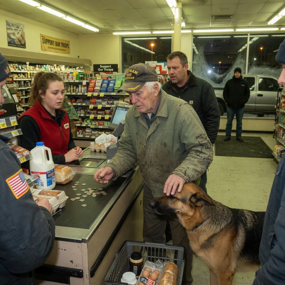 “HE SAW A VET COUNTING PENNIES FOR BREAD. BUT WHAT HIS GERMAN SHEPHERD DID NEXT MADE THE WHOLE LINE GO SILENT.”