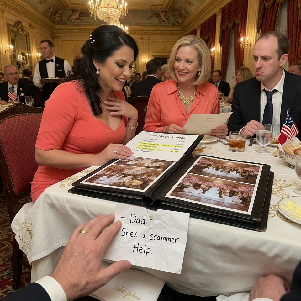 “DAD, SHE’S A SCAMMER. HELP.” THOSE FIVE WORDS, SCRATCHED INTO A NAPKIN UNDER A CRYSTAL CHANDELIER, TURNED A $2 MILLION WEDDING LUNCH INTO A CRIME SCENE. MY SON’S FIANCÉE THOUGHT I WAS JUST A GRIEVING WIDOWER WITH A FAT RETIREMENT ACCOUNT. SHE DIDN’T KNOW I’D SPENT FORTY YEARS MAKING PEOPLE LIKE HER CRY IN FEDERAL COURT.