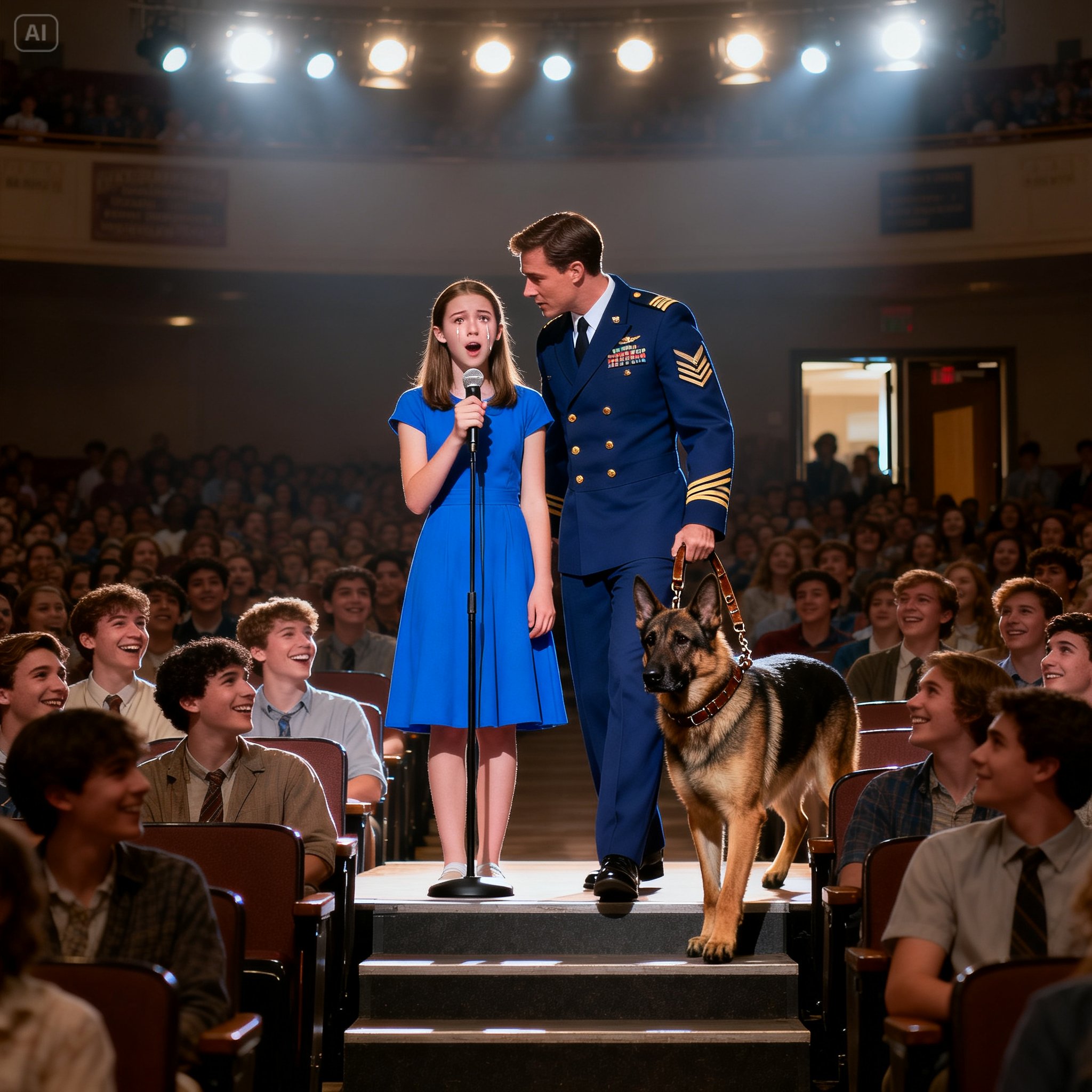 500 People Laughed At A 15-Year-Old Girl Frozen On Stage — Then The Side Door Opened And A Navy SEAL In Full Dress Uniform Walked Down The Aisle With A German Shepherd And The Laughter Di3d Instantly