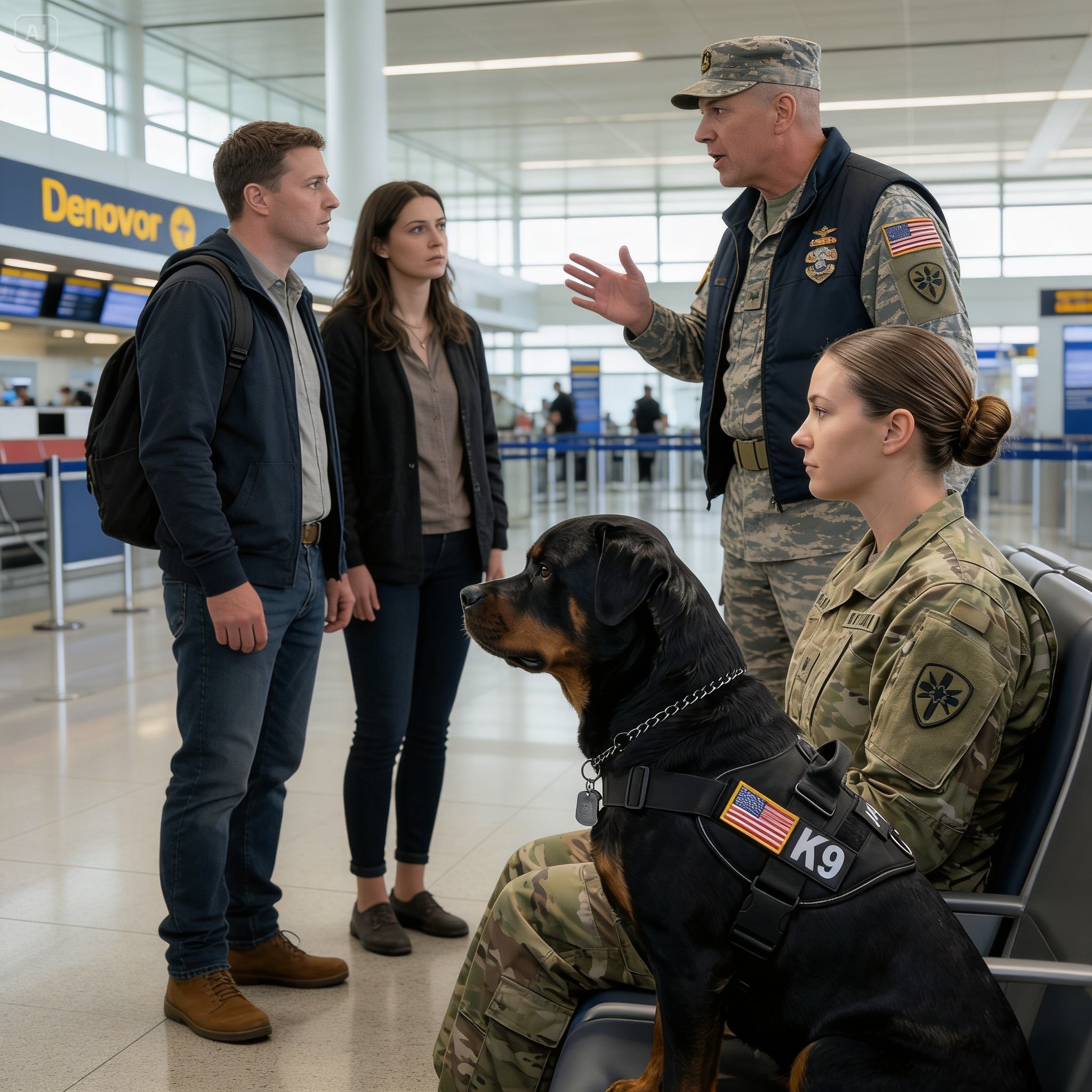 “Are You Sure That Dog Is Safe?” — The Couple At Denver Airport Demanded She Move Her Rottweiler… Until A Quiet Veteran Stood Up And Revealed The Truth That Silenced The Entire Terminal!
