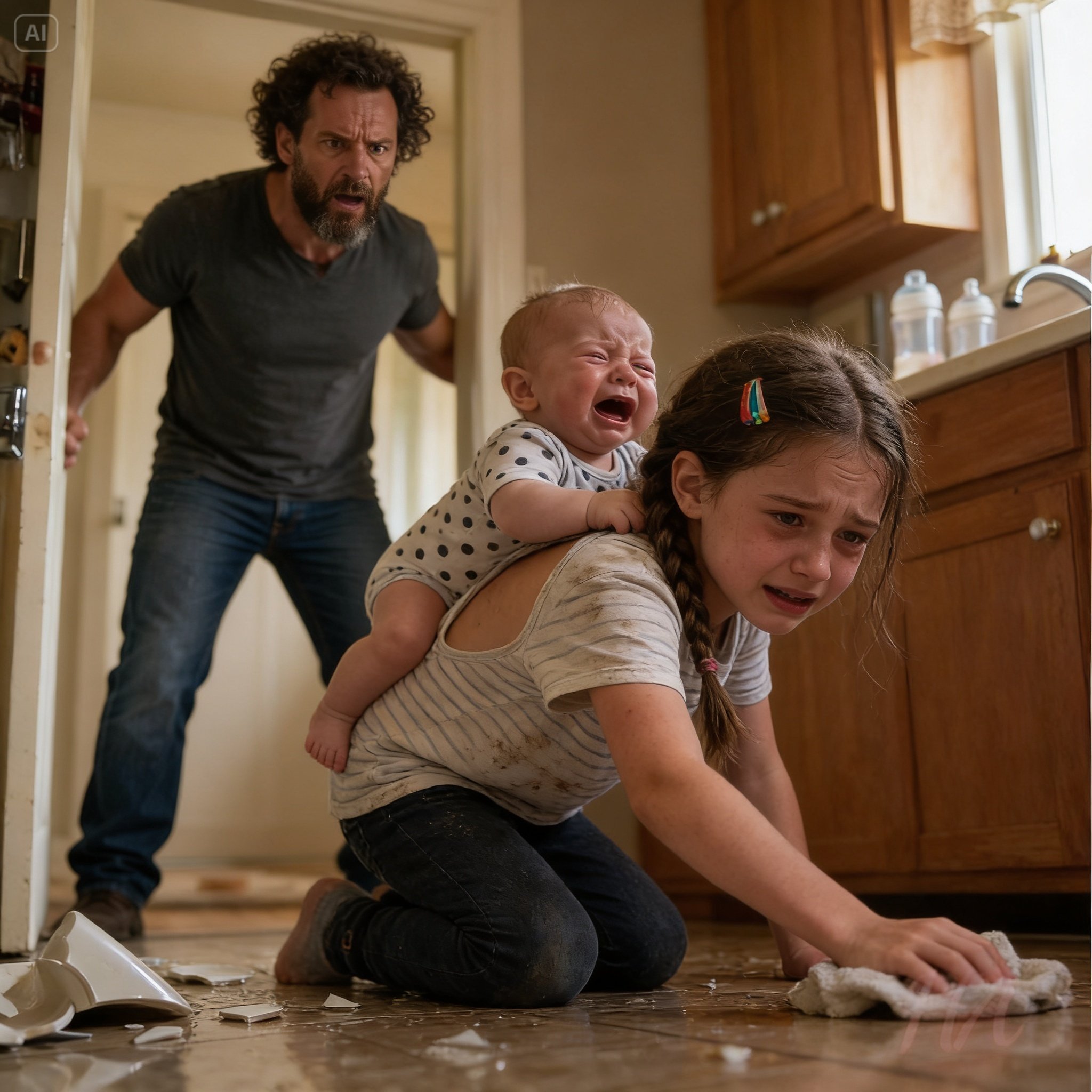“DAD, I CAN’T CARRY THE BABY ANYMORE” — YOU RUSH HOME TO FIND YOUR 8-YEAR-OLD SCRUBBING THE FLOOR WITH A BRUISED BACK… THEN…