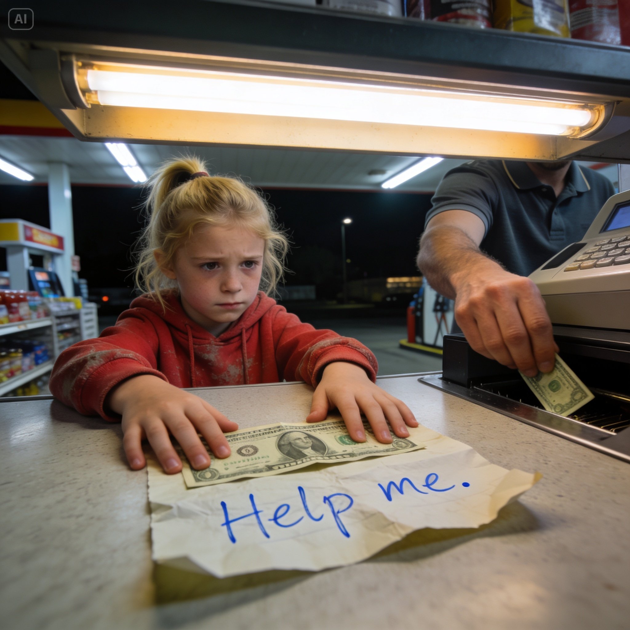A 9-Year-Old Girl Wrote “Help Me” On A Dollar Bill. The Clerk Never Noticed. But A Scarred Biker Did — And What He Did Next Changed Everything