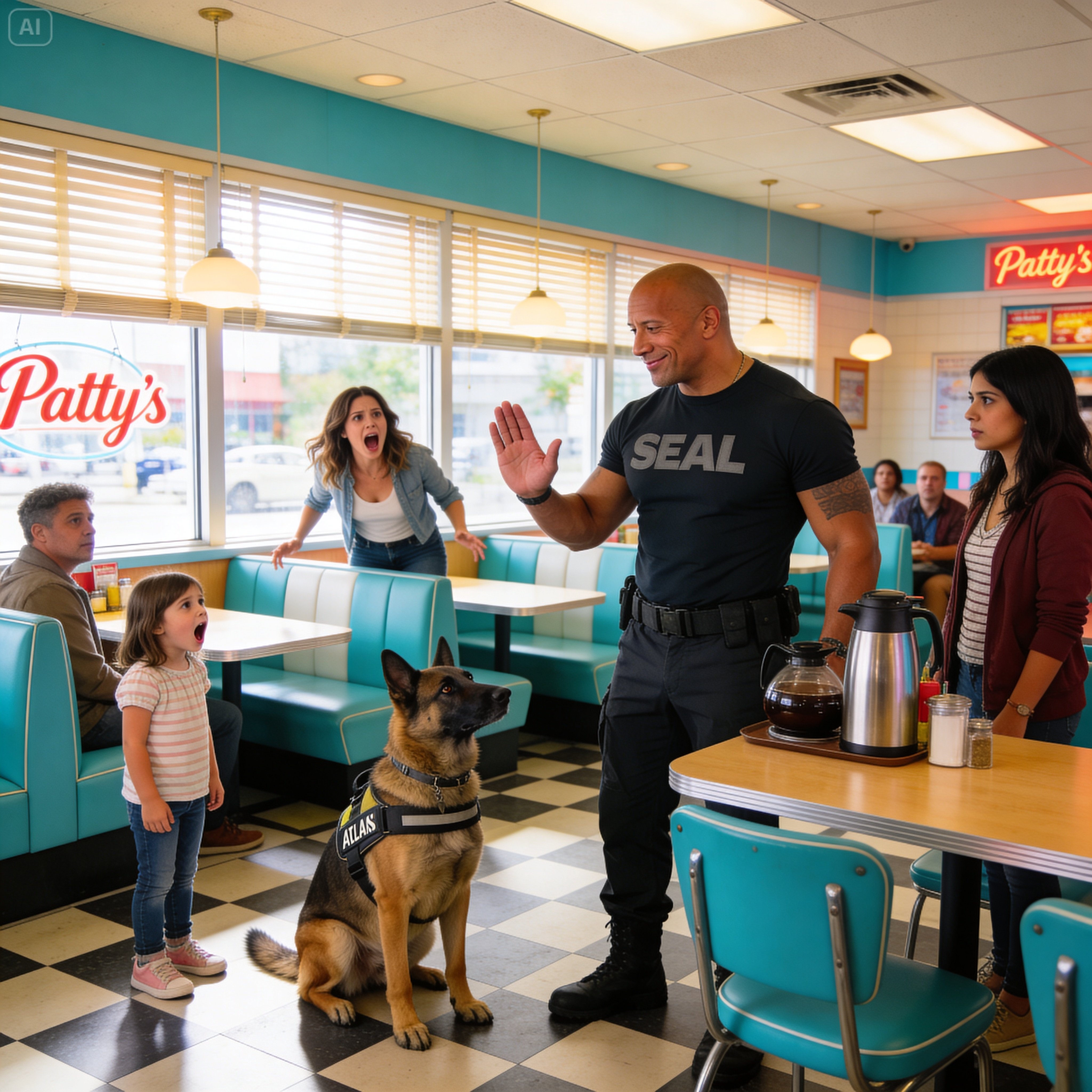 I was just wiping counters in Patty’s Diner when a disabled Navy SEAL leaned on his cane and asked “Can I sit here?” What his K9 Atlas did next froze the whole place and brought me to tears…