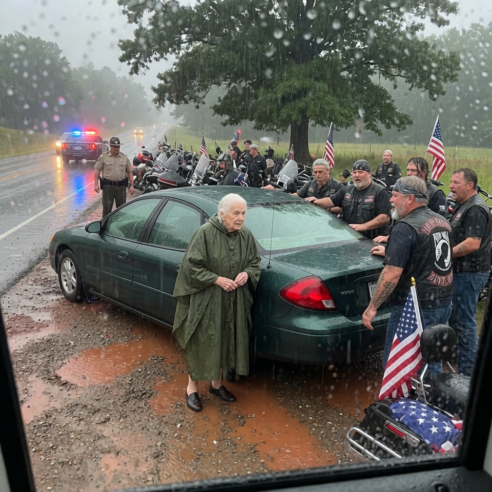 A 95-YEAR-OLD PUSHED HER BROKEN CAR THROUGH A TENNESSEE STORM. 40 BIKERS IN BLACK LEATHER STOPPED. WHAT THE DEPUTY SAW NEXT CHANGED EVERYONE ON THAT HIGHWAY. CAN YOU REALLY SEE SOMEONE IN THE RAIN?